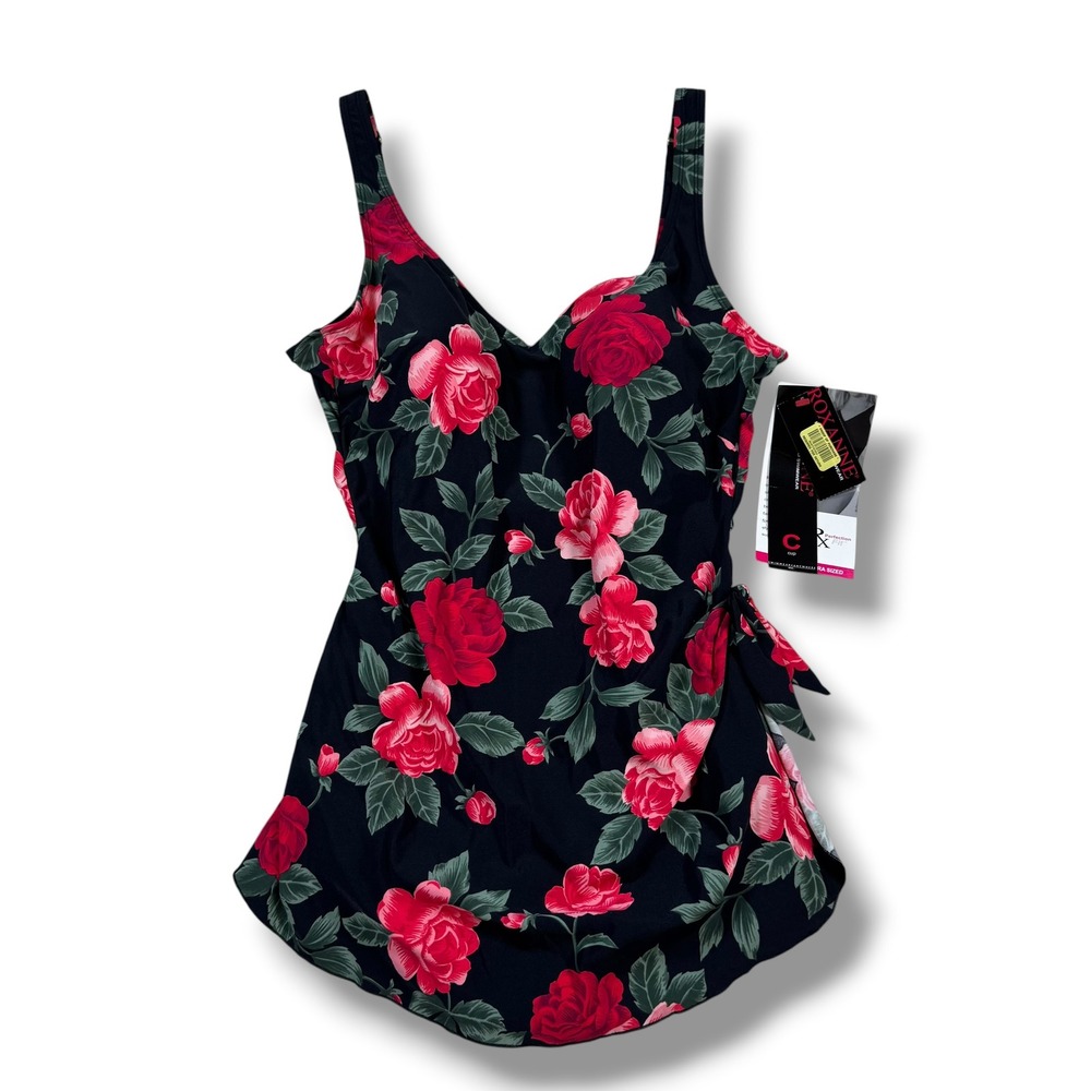 Roxanne Swimdress Women 14/38C Black Floral Rose Print One Piece Swimsuit NWT
